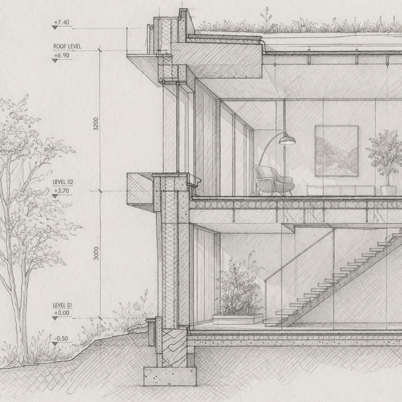 Architectural section drawing of a multi-story building showing interior details, levels, and exterior landscape with trees.