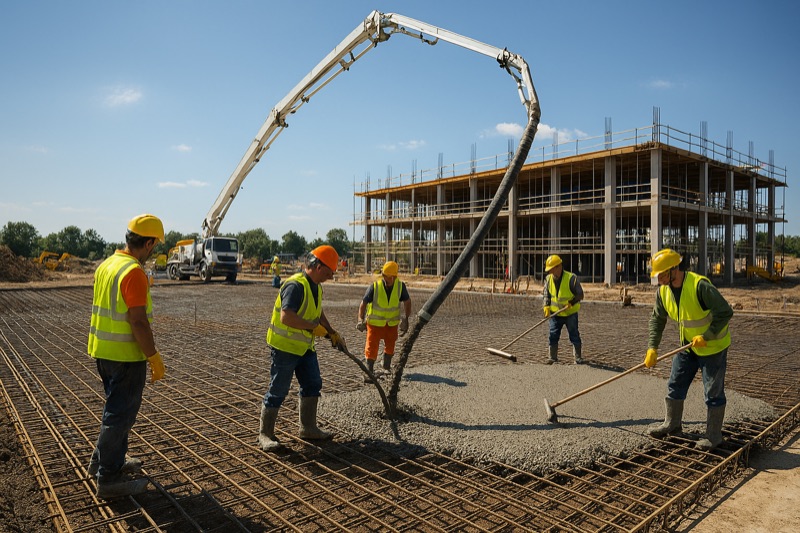 Workers in high-visibility vests pouring concrete over reinforcement mesh beside a concrete pump boom and a multi-storey building under construction.
