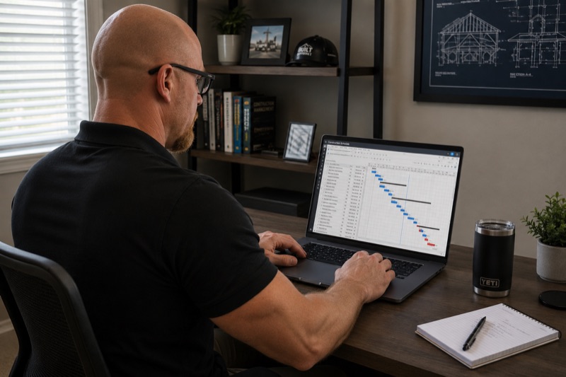 A man at a desk reviewing a Gantt chart project schedule on a laptop.
